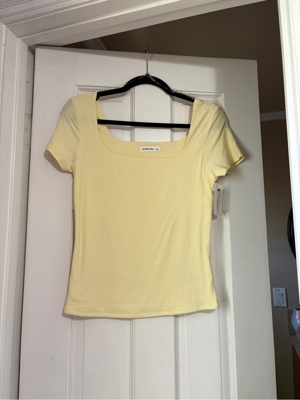 Active USA Pale Yellow Ribbed Scoop Neck Short Sleeve Top
